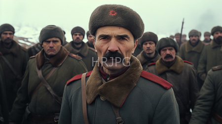 High Resolution: Intense middle-aged man dark mustache olive skin brown fur hat red star emblem gray military coat wool collar download. | HRJPG.com