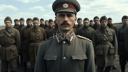 High Resolution: Serious young man light skin dark mustache olive-gray military uniform red-banded cap group soldiers cloudy sky wartime setting download. | HRJPG.com