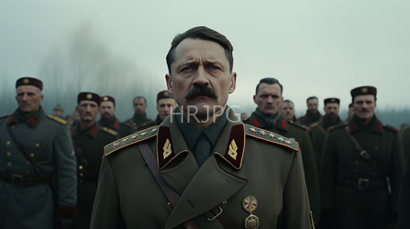 High Resolution: Older white man dark hair mustache green military uniform adorned with medals red accents foggy background soldiers looking intently download. | HRJPG.com