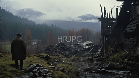High Resolution: Overcast misty mountain landscape ruins charred wooden beams debris moss-covered ground lone figure brown coat facing ruined building download. | HRJPG.com
