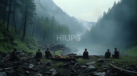 High Resolution: Six people sitting outdoor campfire misty forested valley tall pine trees rocky terrain dark clothing lush greenery logs download. | HRJPG.com