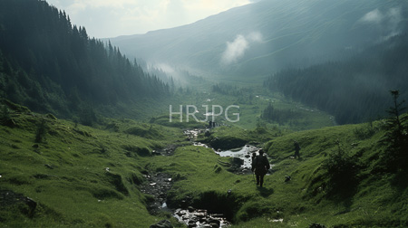 High Resolution: Lush green mountain valley dense forest misty mountains cloudy sky lone hiker dark clothing backpack small stream download. | HRJPG.com