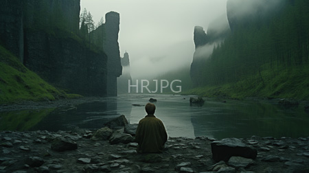High Resolution: Misty rocky river valley towering cliffs lone figure brown jacket sits on rocks facing waterway dense green forest download. | HRJPG.com