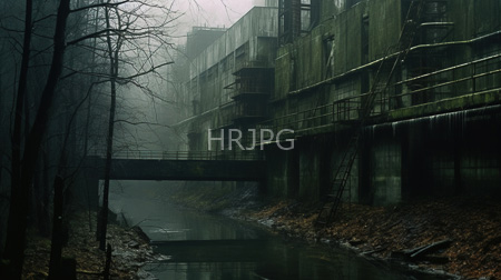 High Resolution: Eerie foggy industrial scene moss-covered concrete buildings rusted metal railings balconies leafless trees calm water small bridge download. | HRJPG.com