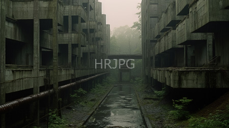 High Resolution: Abandoned overgrown concrete apartment complex two tall buildings narrow waterlogged pathway rusted pipes misty fog center download. | HRJPG.com