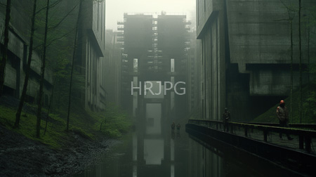 High Resolution: Eerie foggy urban landscape tall concrete buildings reflective water two small figures person red helmet brown clothing download. | HRJPG.com