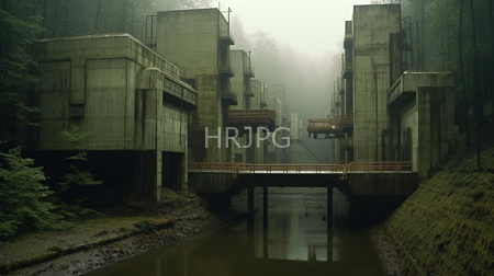 High Resolution: Eerie foggy forest scene two large concrete structures industrial designs flanking narrow river bridge small windows protruding metal elements download. | HRJPG.com