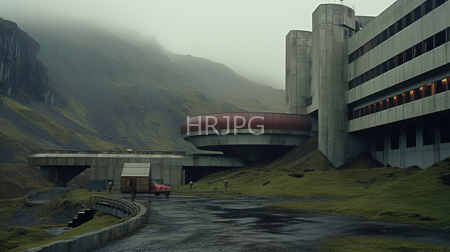 High Resolution: Overcast misty landscape modern concrete buildings rounded red roofs Iceland's rural countryside moss-covered hills rocky mountains pink car download. | HRJPG.com