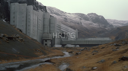 High Resolution: Imposing concrete nuclear power plant vertical horizontal structures rugged mountains snow foreground dry grassy terrain small stream download. | HRJPG.com