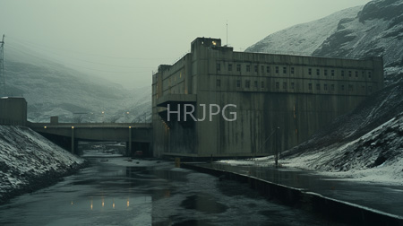 High Resolution: Industrial concrete building rectangular windows snowy mountains overcast skies icy river reflects lights street lamps bridge download. | HRJPG.com