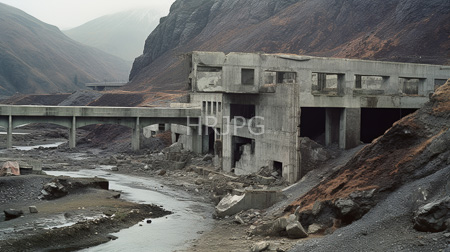 High Resolution: Abandoned partially collapsed concrete building empty window frames dark doorways rugged terrain rocky hillsides narrow river flows muddy ground download. | HRJPG.com