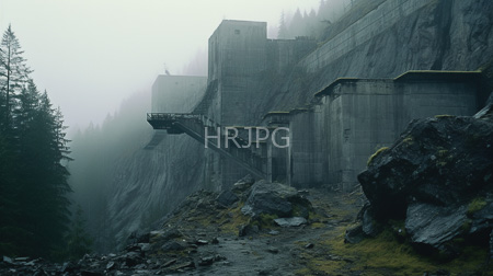 High Resolution: Eerie foggy mountain landscape large concrete structures industrial buildings dams perched steep cliffsides moss-covered rocks evergreen trees download. | HRJPG.com