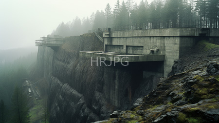 High Resolution: Two concrete cliffside structures flat roofs metal railings steep rocky cliffs dense foggy forest evergreen trees modernist yet industrial download. | HRJPG.com