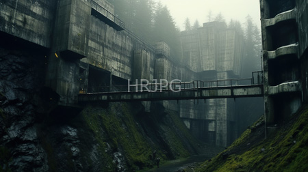 High Resolution: Industrial concrete bridge structure misty forest landscape moss-covered rocks dense trees overcast lighting rectangular buildings weathered textures download. | HRJPG.com