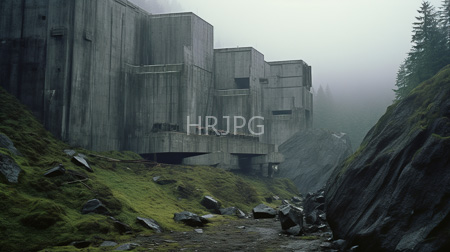 High Resolution: Eerie foggy landscape tall concrete buildings rectangular shapes small windows moss-covered rocky slopes scattered rocks dense forested area download. | HRJPG.com
