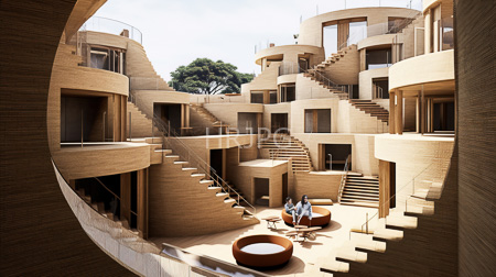 High Resolution: Architectural courtyard modern curved beige concrete buildings multiple staircases balconies two people sit brown circular chairs download. | HRJPG.com