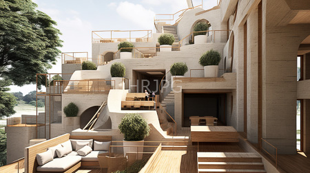 High Resolution: Modern multi-level outdoor terrace beige concrete walls wooden accents potted topiary plants glass railings cushioned seating area download. | HRJPG.com