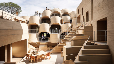 High Resolution: Modern minimalist architecture beige cylindrical buildings arched balconies wooden staircases central courtyard wicker chairs soft sunlight download. | HRJPG.com