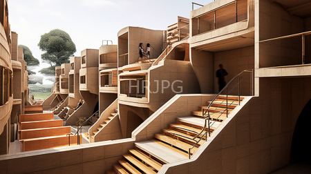 High Resolution: Modern geometric concrete buildings angular staircases wooden steps multiple levels two people stand upper level clear sky download. | HRJPG.com