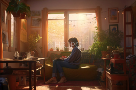 High Resolution: Early morning sunlit living room curly-haired woman blue sweater jeans sitting green beanbag chair string lights potted plants download. | HRJPG.com