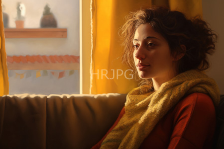 High Resolution: Attractive young woman curly brown hair light olive skin subtle makeup beige couch warm sunlight window yellow curtains download. | HRJPG.com