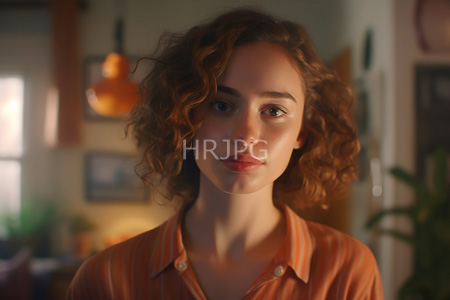 High Resolution: Young woman light brown curly hair fair skin orange-striped shirt soft features full lips parted looking directly at camera download. | HRJPG.com