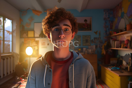 High Resolution: Young curly-haired boy glasses blue hoodie red shirt warmly lit bedroom colorful wall art shelves books/photos/toys soft lamp light download. | HRJPG.com