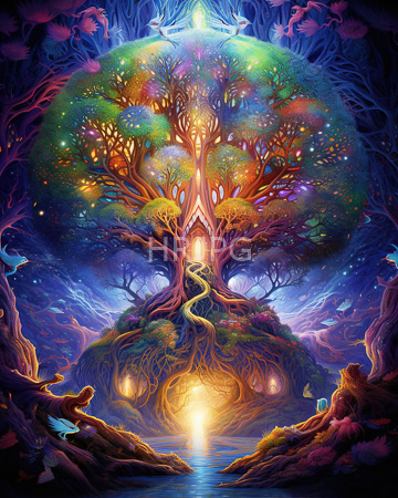 High Resolution: Fantasy ethereal glowing tree vibrant multicolored leaves intricate roots floating island over water mystical creatures starry skies download. | HRJPG.com