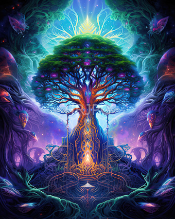 High Resolution: Fantasy ethereal glowing tree vibrant green foliage purple flowers intricate roots mystical forest floor luminescent creatures golden figure download. | HRJPG.com