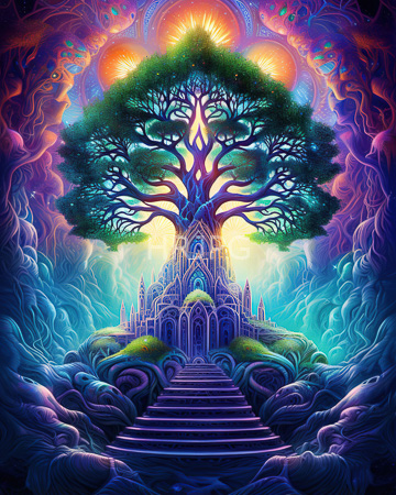 High Resolution: Ethereal surreal landscape massive tree Gothic-style castle winding stairs branches glow neon orange leaves shimmer green-blue hues download. | HRJPG.com