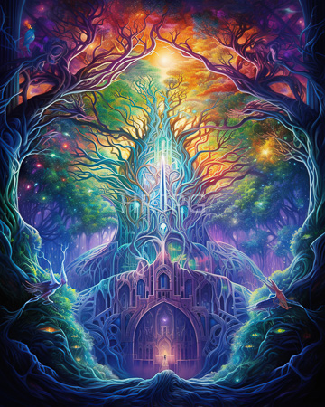 High Resolution: Fantasy ethereal glowing forest twisted trees framing mystical castle branches intertwine illuminate vibrant colors luminous orbs stars download. | HRJPG.com