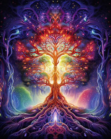 High Resolution: Intricately detailed vibrant tree swirling roots branches vivid colors orange blending into reds purples blues greens yellows download. | HRJPG.com