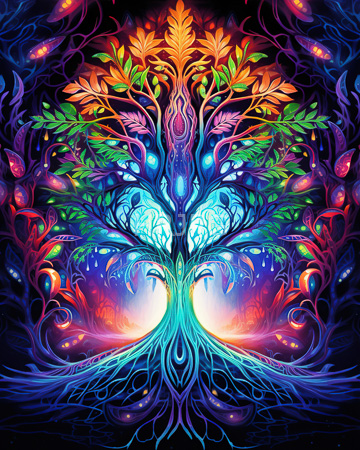 High Resolution: Abstract symmetrical tree vibrant colors intricate patterns leaves shades of orange to green blend into blue base download. | HRJPG.com