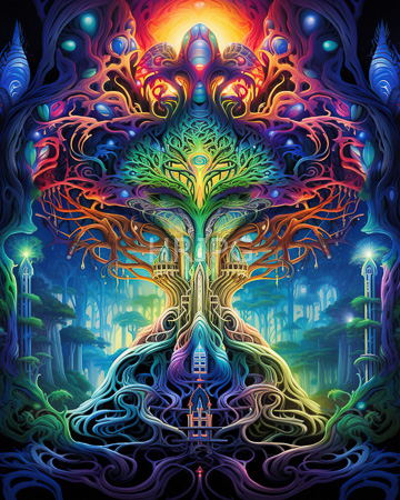 High Resolution: Intricate surreal tree vibrant neon colors purples greens swirling patterns roots extending fantasy forest nightfall glowing golden light download. | HRJPG.com