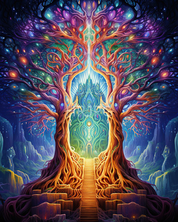 High Resolution: Ethereal vibrant tree intricate branches glowing orbs purples greens blues oranges central staircase mystical forest luminous mountains download. | HRJPG.com