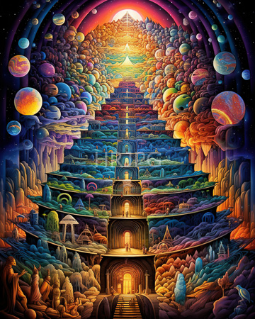High Resolution: Intricate surreal staircase ascending vibrant layers of clouds planets space-like surroundings vivid colors fantastical architecture glowing archways download. | HRJPG.com
