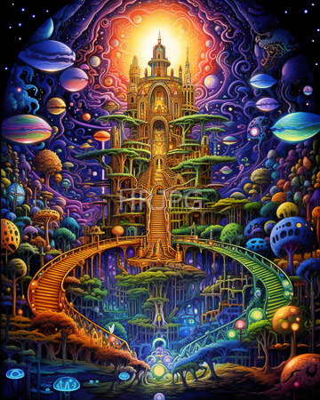 High Resolution: Vibrant surreal intricately detailed fantasy city floating in space colorful planets galaxies swirling cosmic patterns Gothic architecture greenery download. | HRJPG.com