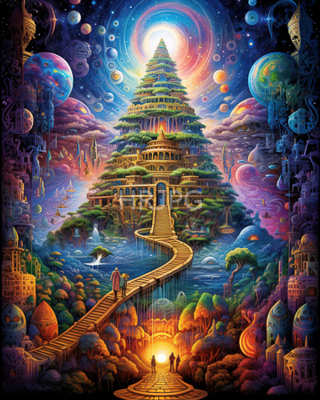 High Resolution: Vibrant surreal enormous tree-shaped city tiered buildings lush greenery glowing celestial sphere starry sky winding wooden bridge download. | HRJPG.com