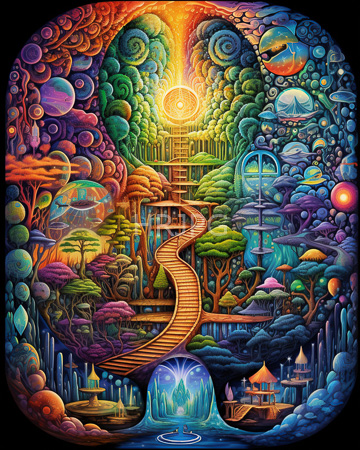 High Resolution: Vibrant surreal intricately detailed fantasy landscape swirling clouds vivid colors purples greens blues oranges yellows reds winding wooden staircase download. | HRJPG.com