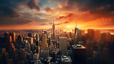 High Resolution: New York City skyline sunset towering skyscrapers One World Trade Center Empire State Building warm orange light dramatic clouds download. | HRJPG.com