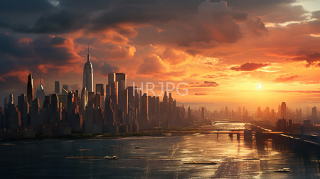High Resolution: New York City skyline sunset towering skyscrapers prominent One World Trade Center orange red clouds reflecting calm river download. | HRJPG.com