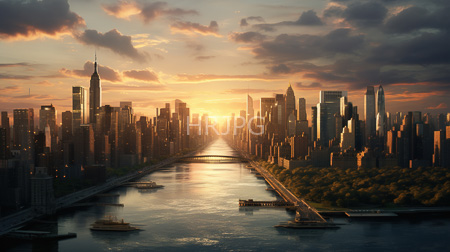 High Resolution: New York City sunset towering skyscrapers One World Trade Center Empire State Building Central Park reflective waterway boats download. | HRJPG.com