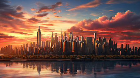 High Resolution: New York City skyline sunset vibrant orange pink clouds reflecting calm water foreground tall skyscrapers One World Trade Center download. | HRJPG.com