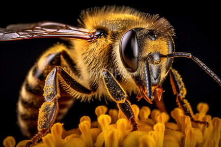 High Resolution: Close-up honeybee vibrant yellow flowers black background textured golden brown fur-covered body compound eyes antennae wings legs download. | HRJPG.com