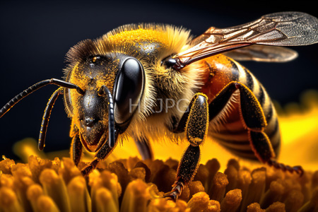 High Resolution: Close-up honeybee golden-yellow black striped body large compound eyes translucent wings perched vibrant orange daisy petals dark blurred background download. | HRJPG.com