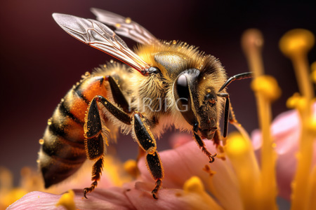High Resolution: Close-up honeybee golden-brown black striped abdomen translucent wings glistening fuzzy body texture perched pink petals yellow stamens download. | HRJPG.com