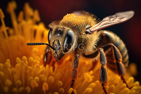 High Resolution: Close-up orange-banded bee large shiny black eyes translucent wings top vibrant yellow-orange daisy petals fuzzy golden-yellow body dew droplets download. | HRJPG.com