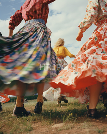 High Resolution: Three women dancing outdoors grass viewed from behind colorful floral skirts swirl blue sky clouds red checkered shirt download. | HRJPG.com