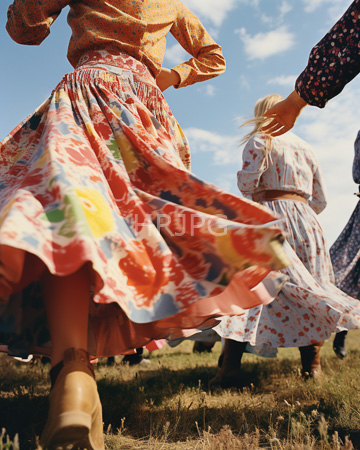 High Resolution: Three women colorful flowing floral dresses dancing outdoors grassy terrain blue sky scattered clouds blonde hair tied back download. | HRJPG.com