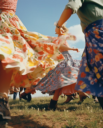 High Resolution: Four women dancing open field clear blue sky colorful floral dresses skirts flowing movement blonde hair white flowers accessories download. | HRJPG.com